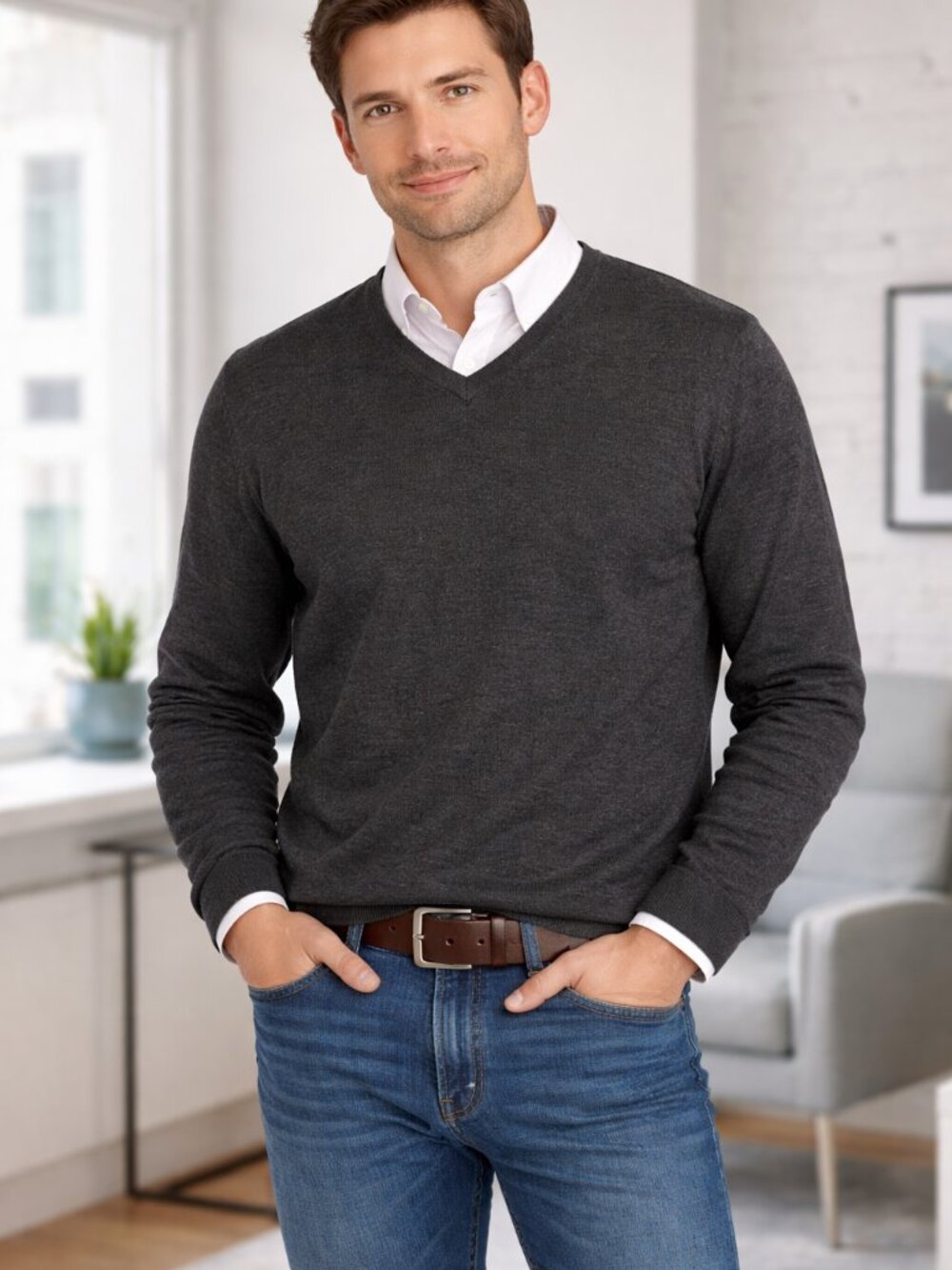 J.Crew Mens Charcoal Gray 100% Merino Wool V-Neck Sweater 64933 Size‎ M